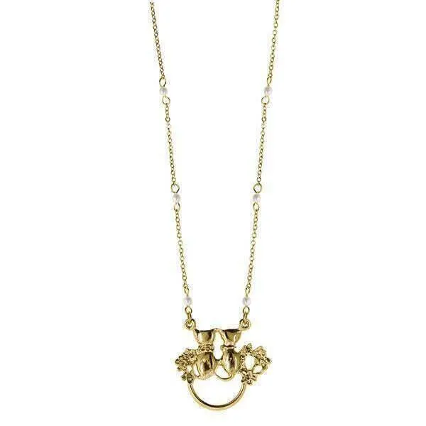 1928 Jewelry Faux Pearl Crystal Double Cat Badge & Eyeglass Holder Chain Necklace 28
