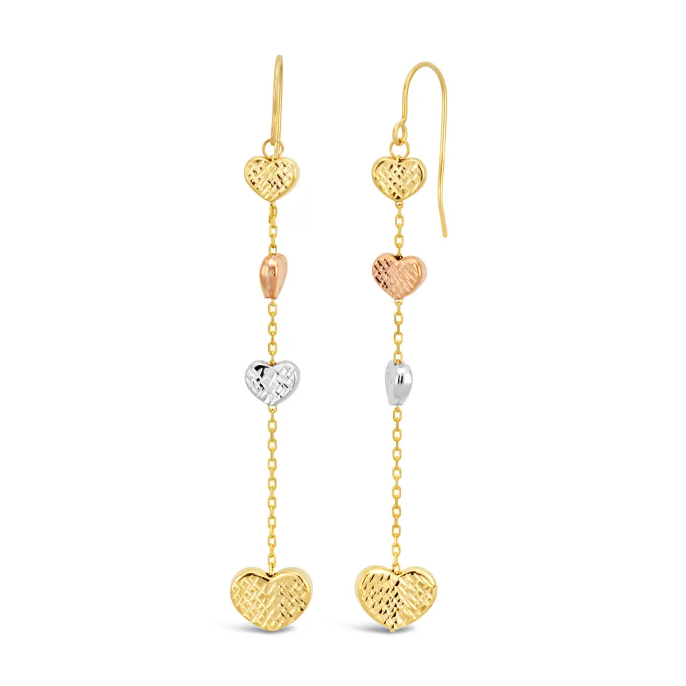 9ct Three-Tone Diamond Cut Hearts Drop Hook Earrings