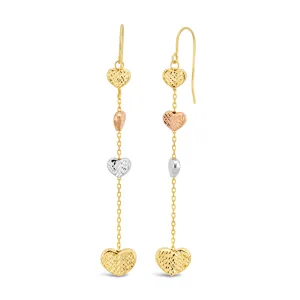 9ct Three-Tone Diamond Cut Hearts Drop Hook Earrings