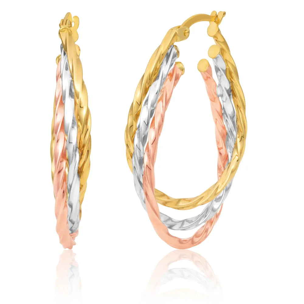 9ct Three Tones Gold Hoop Earrings