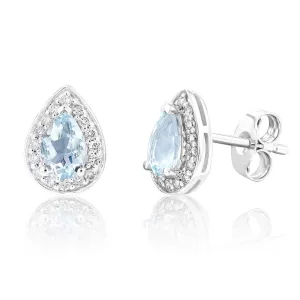 9ct White Gold 1/3ct Aquamarine and 0.15 Carat Diamond Pear Halo Stud Earrings