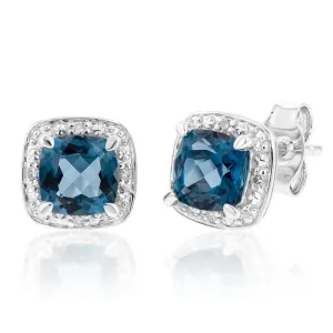 9ct White Gold 1.40ct London Blue Topaz and Diamond Stud Earrings