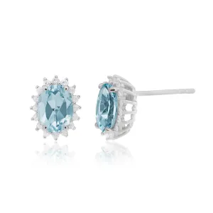 9ct White Gold Aquamarine   Diamond Cluster Stud Earrings