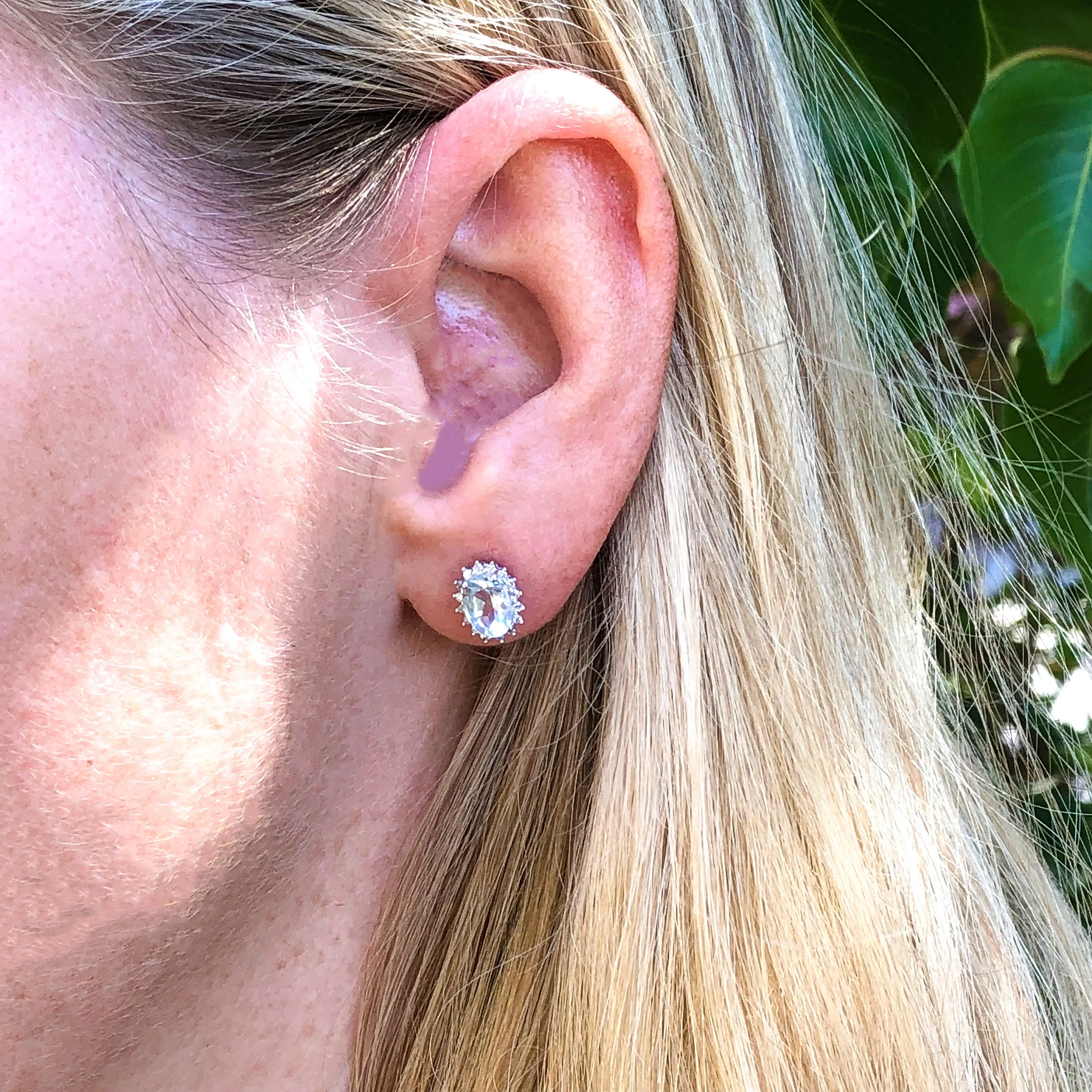 9ct White Gold Aquamarine   Diamond Cluster Stud Earrings