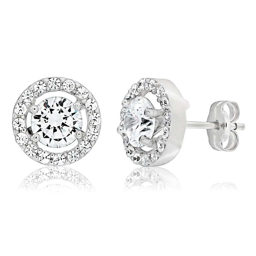 9ct White Gold Cubic Zirconia Round Halo Stud Earrings