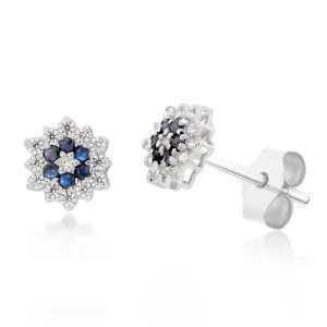 9ct White Gold Natural Sapphire and Zirconia Flower Studs
