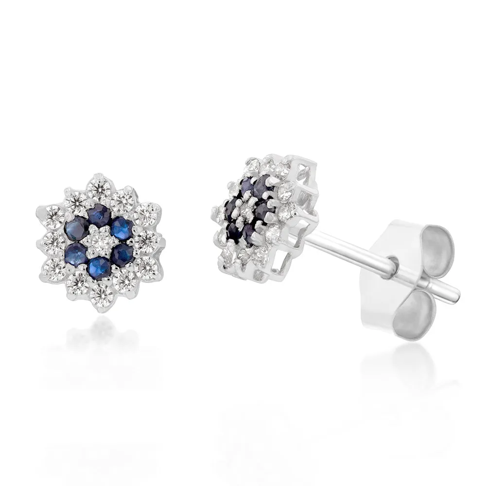 9ct White Gold Natural Sapphire and Zirconia Flower Studs