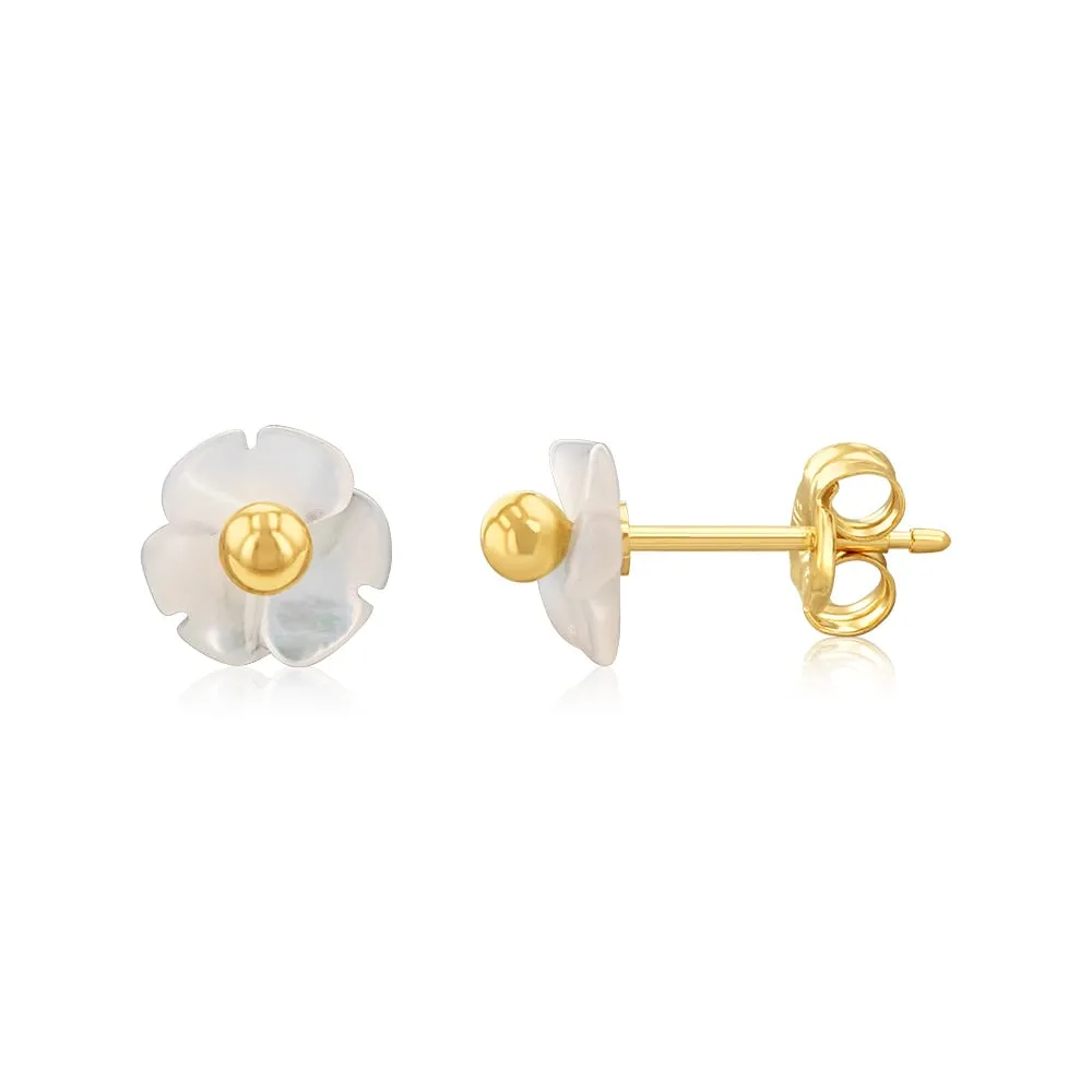 9ct Yellow Gold 6mm Mother Of Pearl Flower Stud Earrings