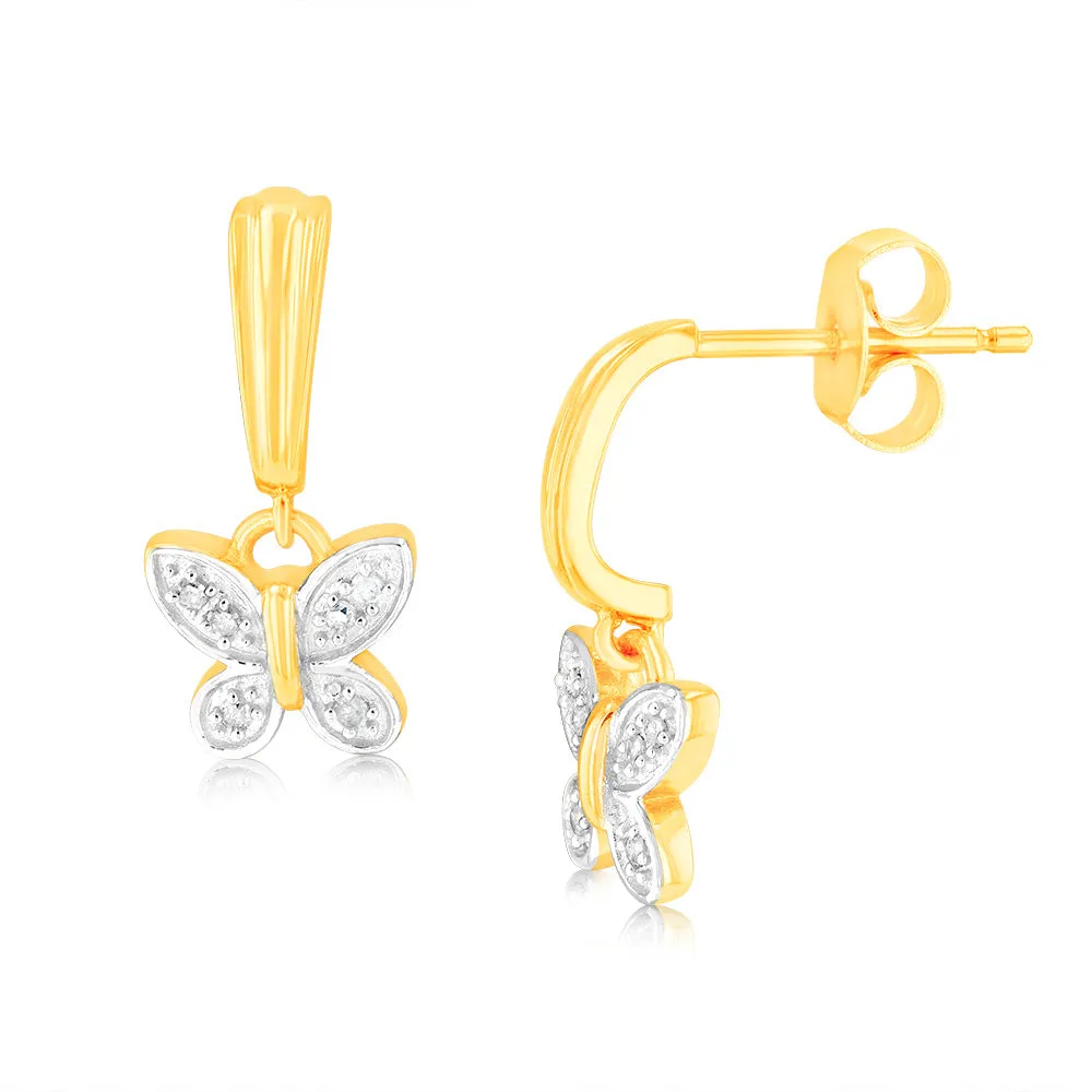 9ct Yellow Gold Butterfly Drop Earrings in 12 Diamonds