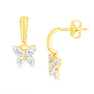 9ct Yellow Gold Butterfly Drop Earrings in 12 Diamonds
