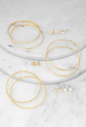 Assorted Stud and Hoop Earrings Set of 9