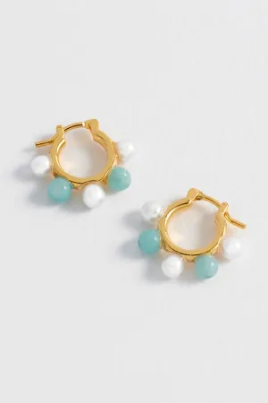 Blue Gemstone And Pearl Bead Hoops
