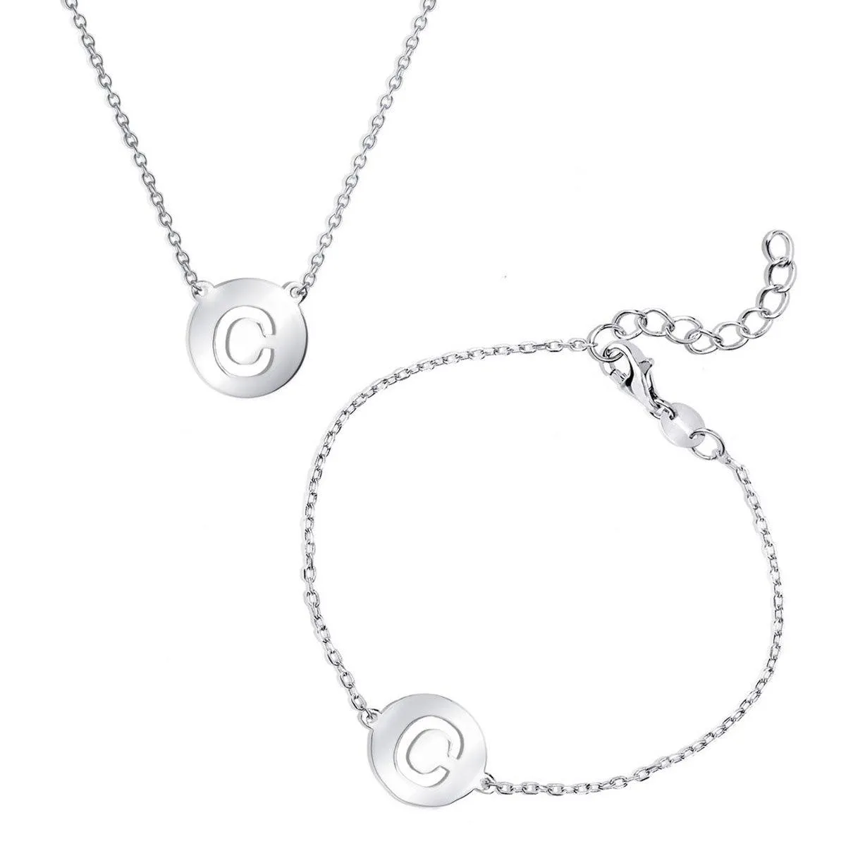 Classic Women's Bracelet and Necklace Set - Cut-Out Shiny C Disc Initial | SET-503