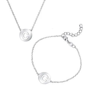 Classic Women's Bracelet and Necklace Set - Cut-Out Shiny C Disc Initial | SET-503