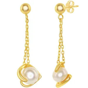 Classic Women's Earrings - Gold Plated 6mm White FWP Heart with Chain | D-7833-GP