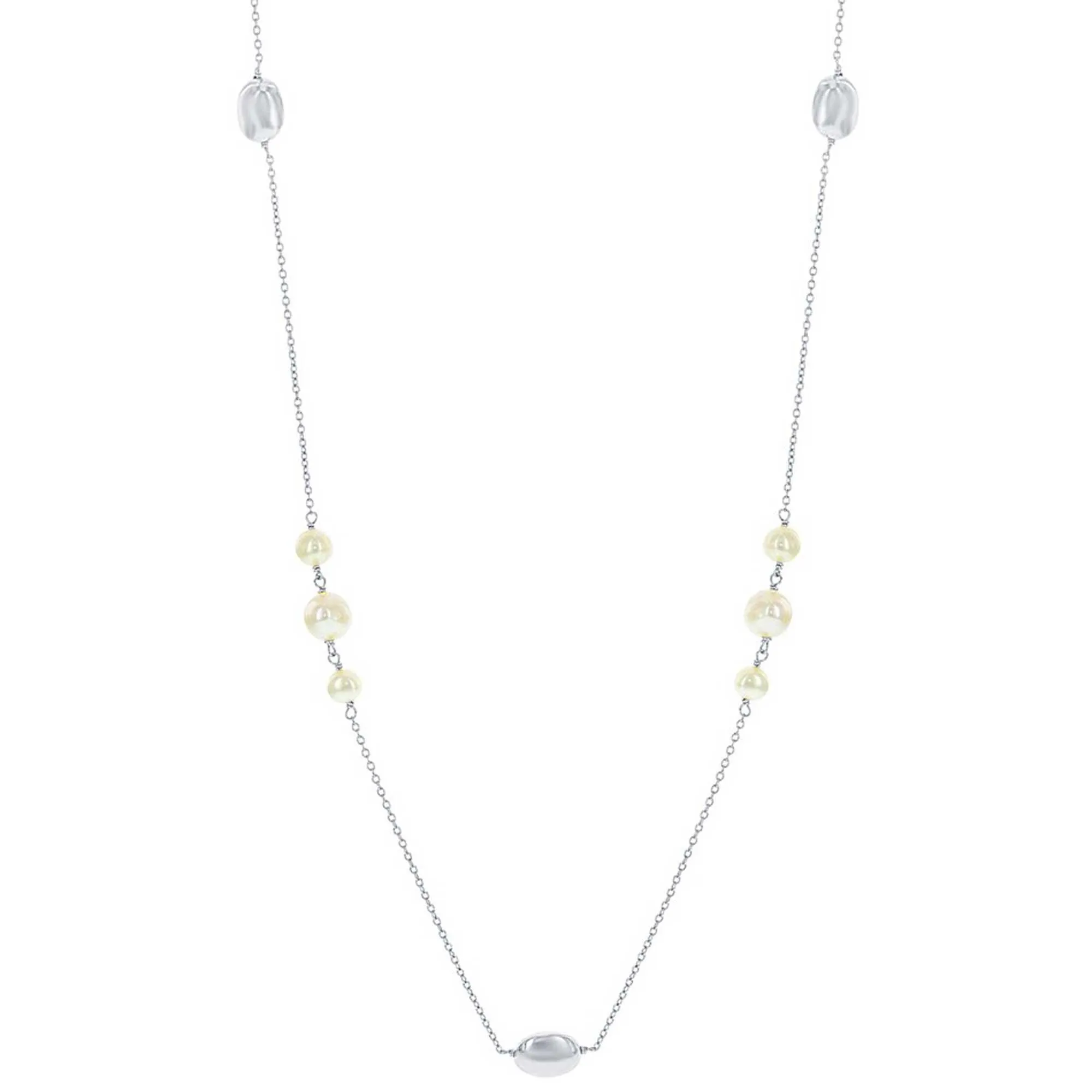 Classic Women's Necklace - Sterling Silver Round FWP with Shiny Oval Beads | M-5448