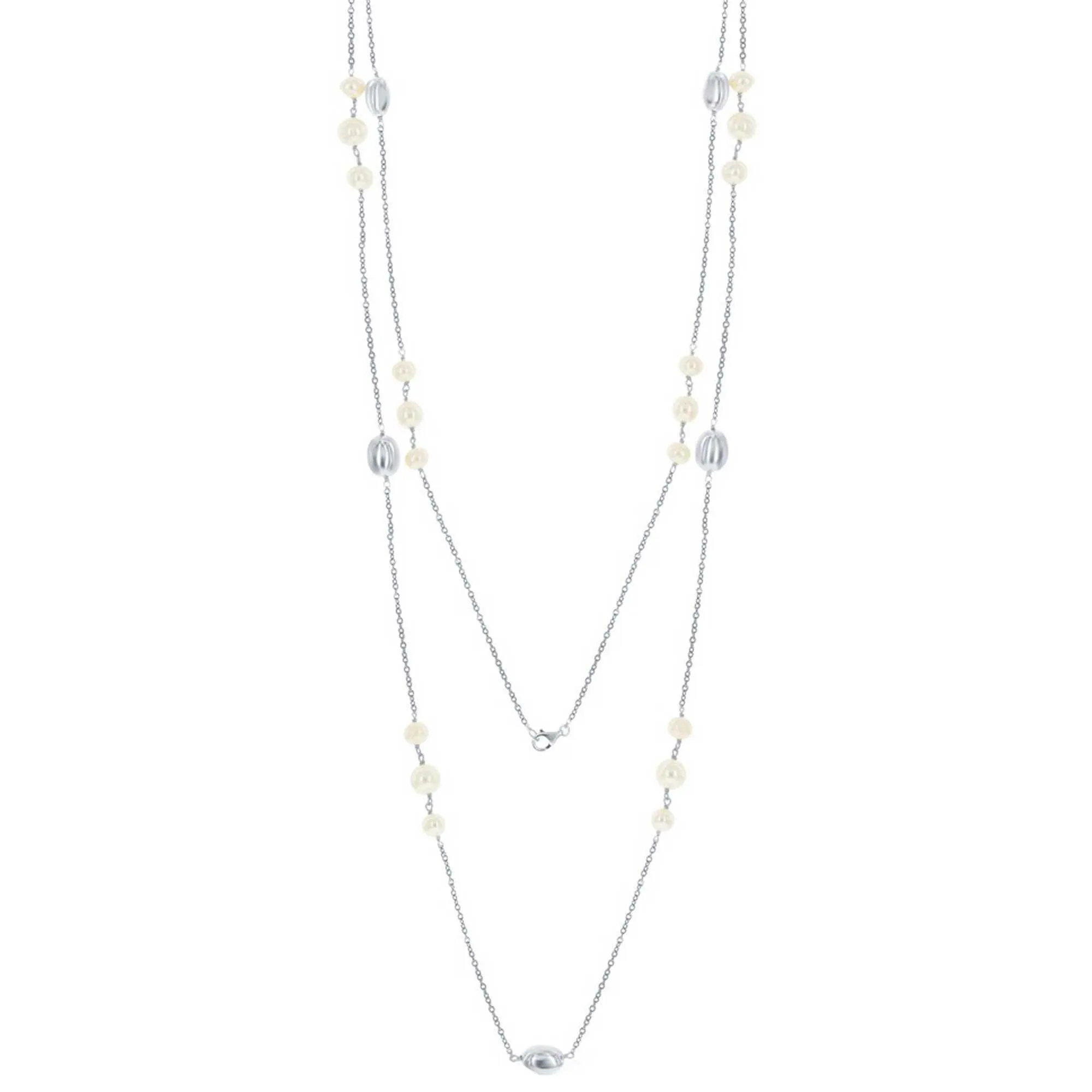 Classic Women's Necklace - Sterling Silver Round FWP with Shiny Oval Beads | M-5448
