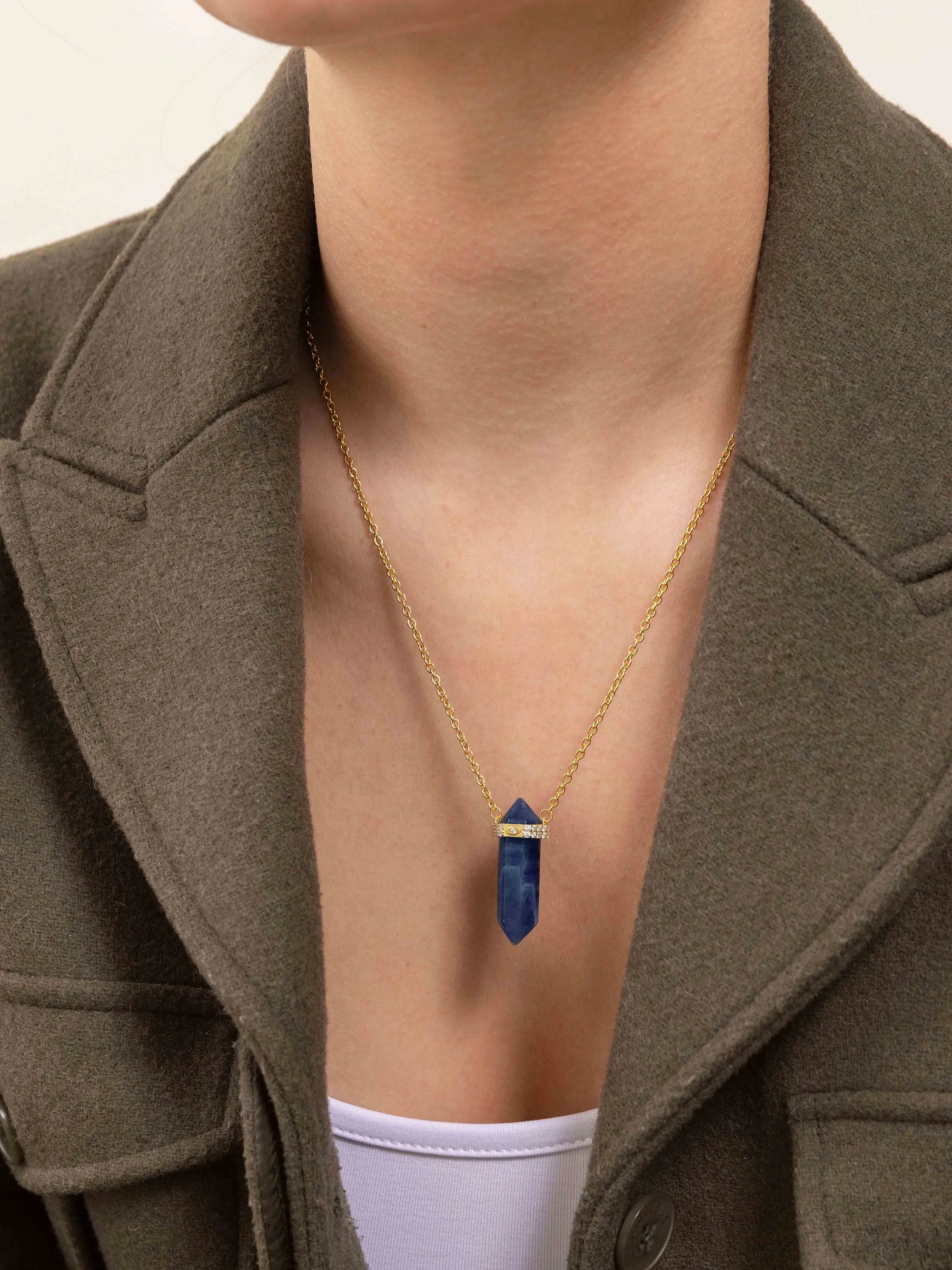 Dumortierite Crystal Necklace with Engraved Evil Eye Detail