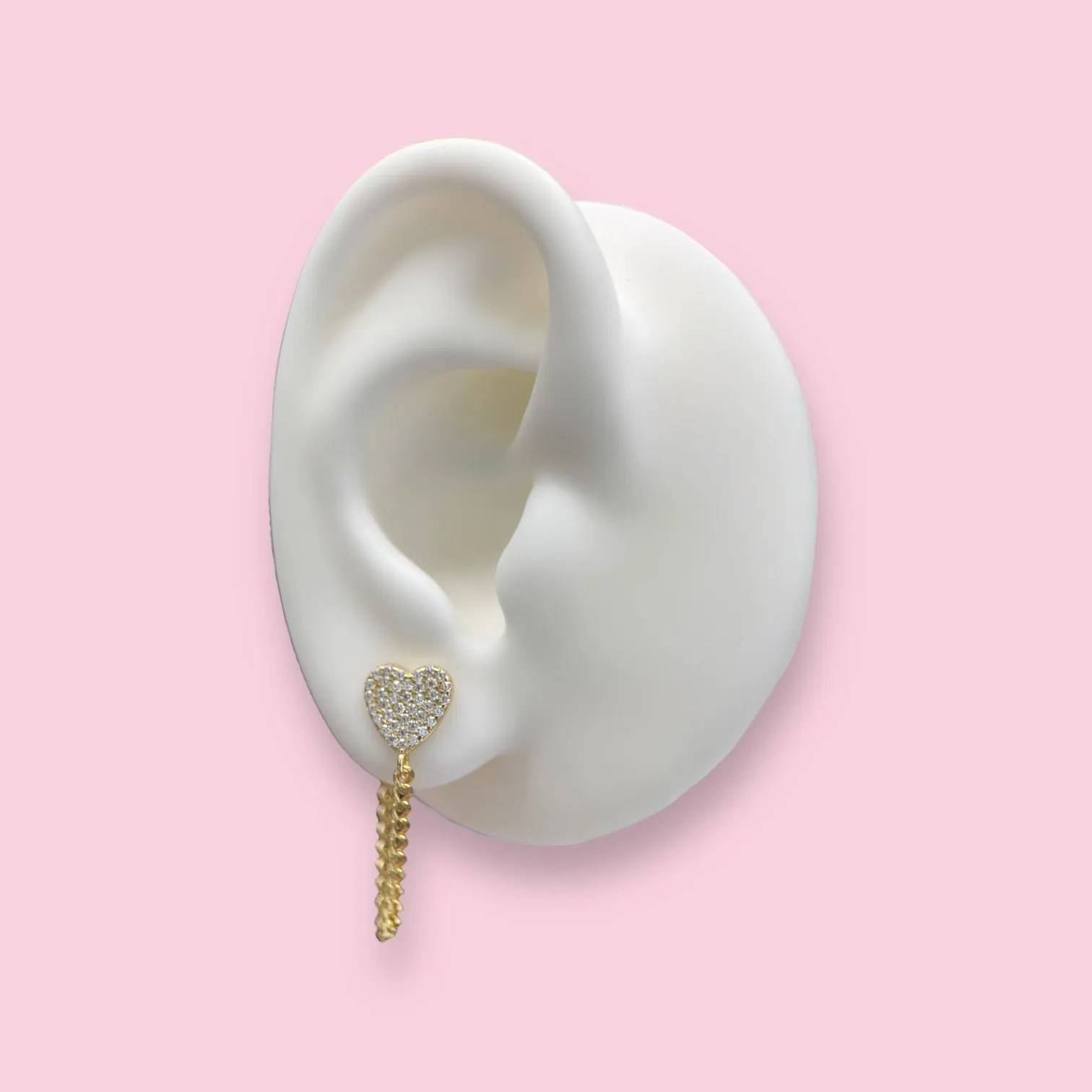 Gold Plated Pave Heart Earrings With Hanging Wraparound Cuban Link Chain