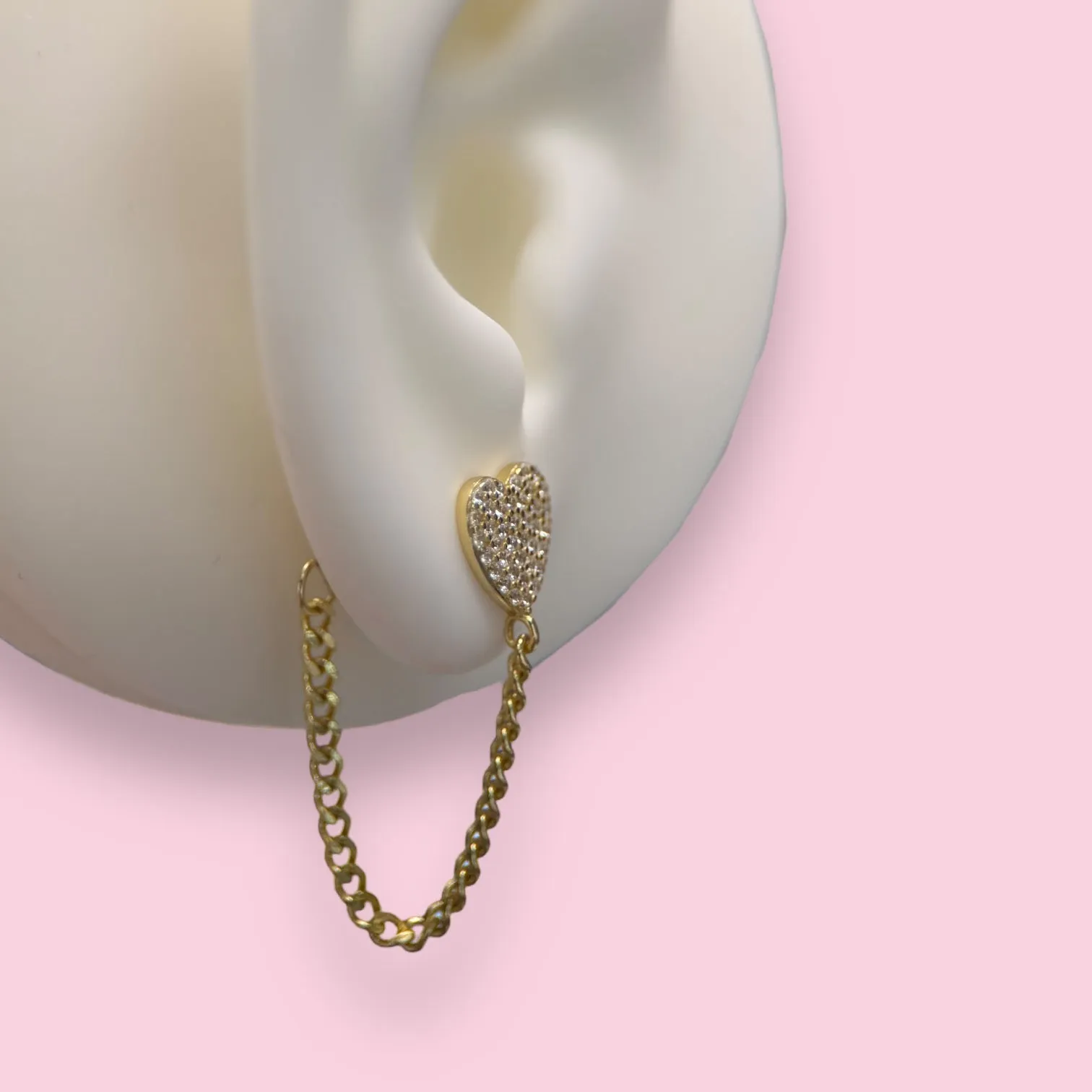 Gold Plated Pave Heart Earrings With Hanging Wraparound Cuban Link Chain