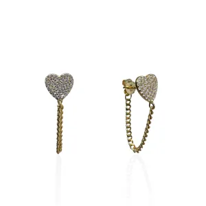 Gold Plated Pave Heart Earrings With Hanging Wraparound Cuban Link Chain