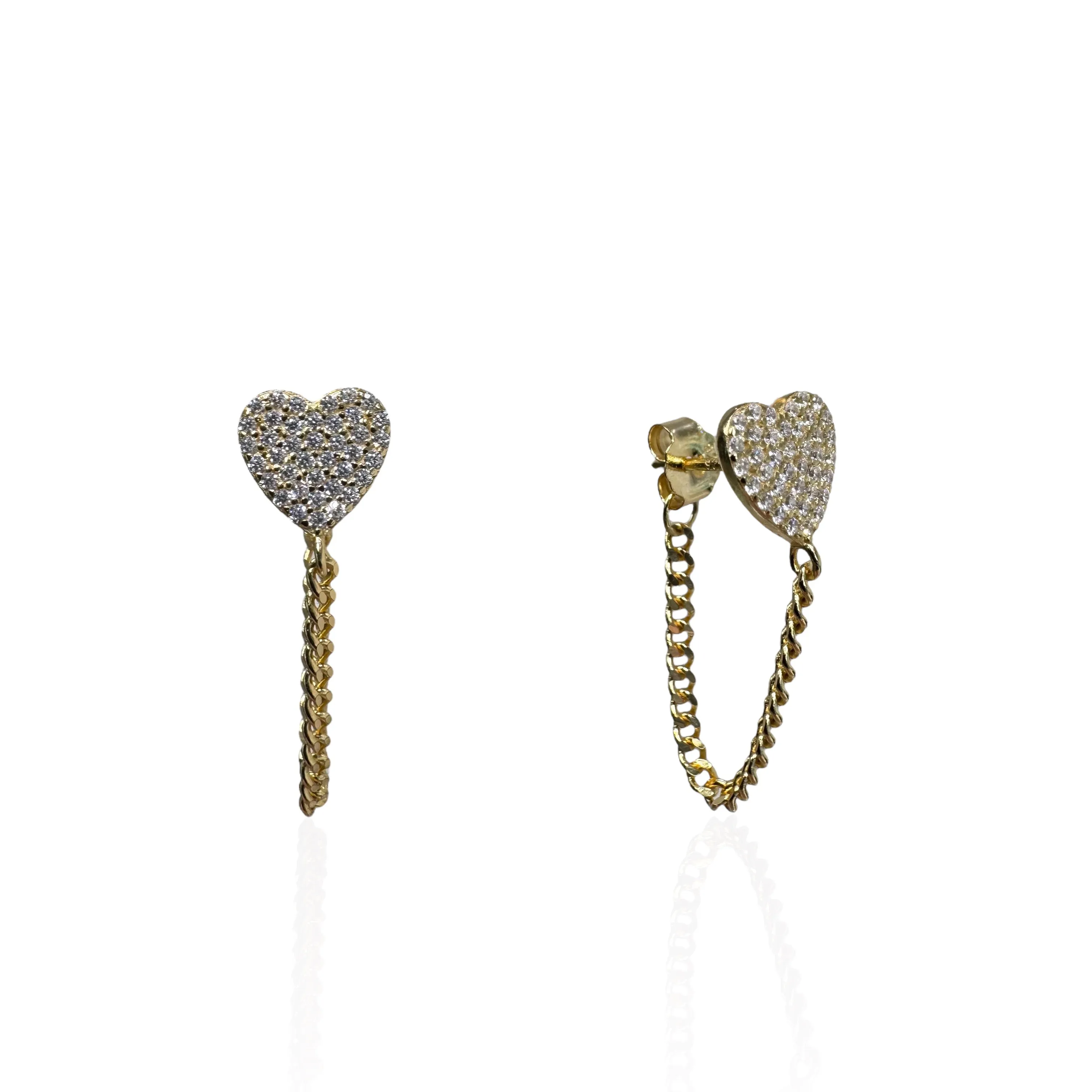 Gold Plated Pave Heart Earrings With Hanging Wraparound Cuban Link Chain