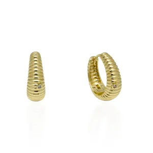 Gold Plated Scallop Wide Hoop Earring With One Bezel CZ Stone Accent
