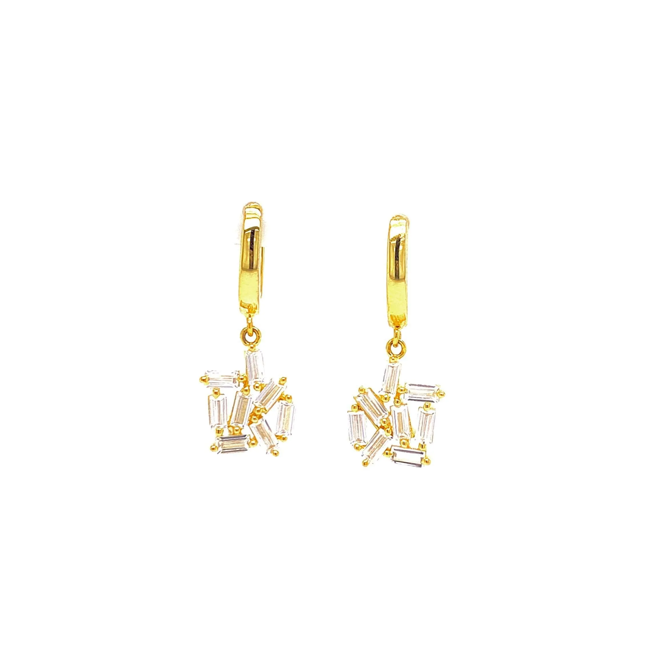 Huggie Earrings With Dangling Abstract Baguette Hanging Design