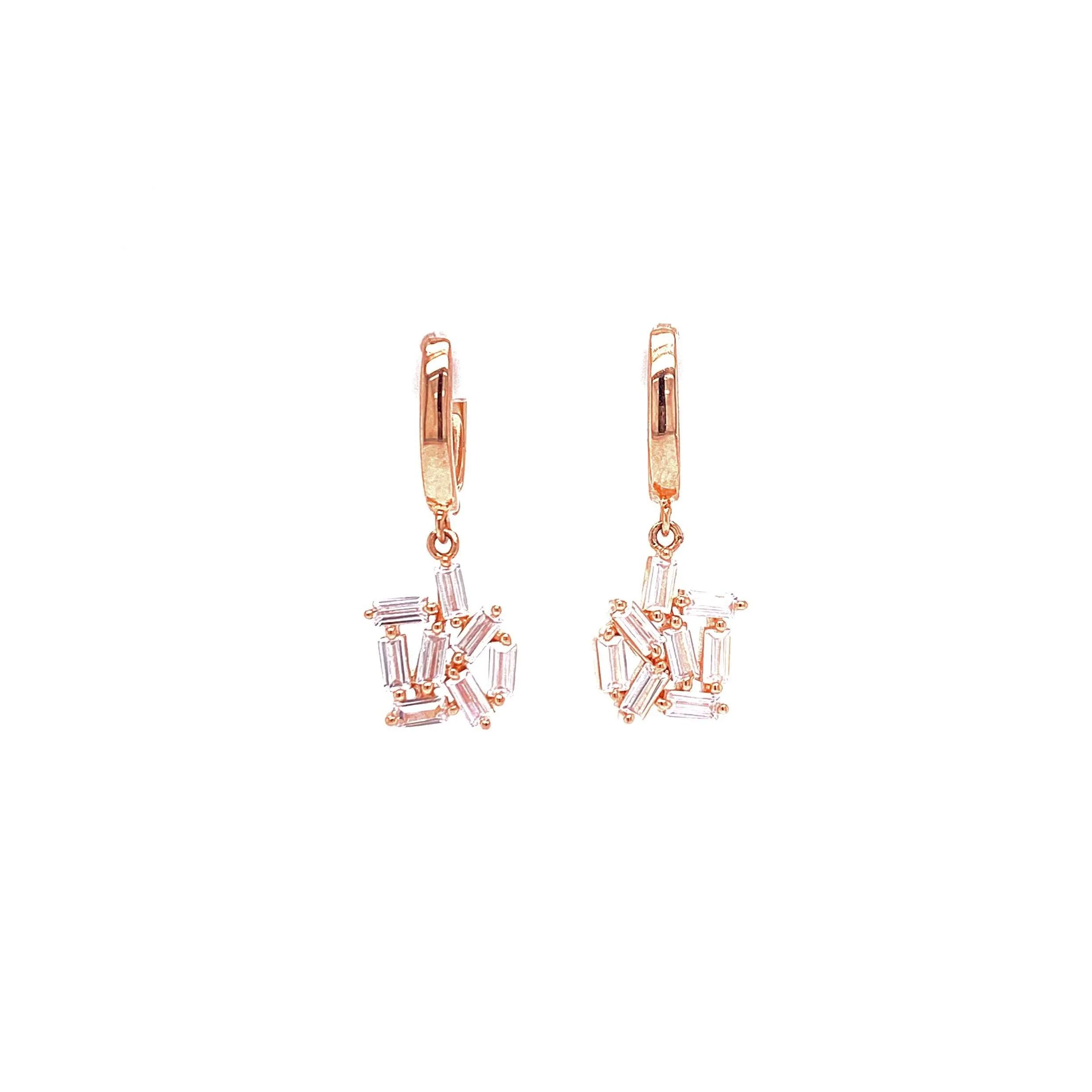 Huggie Earrings With Dangling Abstract Baguette Hanging Design