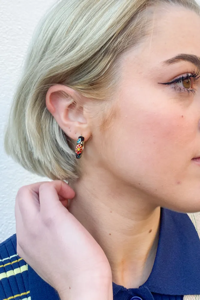 L.A. Black Floral Enamel Hoop Earrings