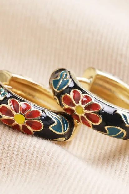 L.A. Black Floral Enamel Hoop Earrings