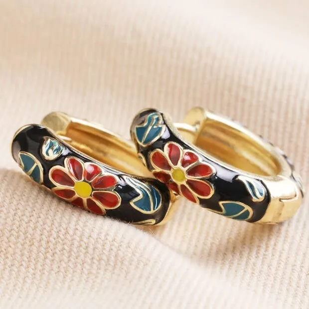 L.A. Black Floral Enamel Hoop Earrings