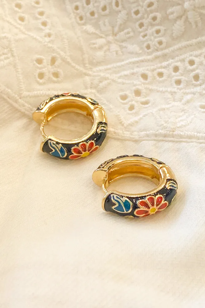 L.A. Black Floral Enamel Hoop Earrings
