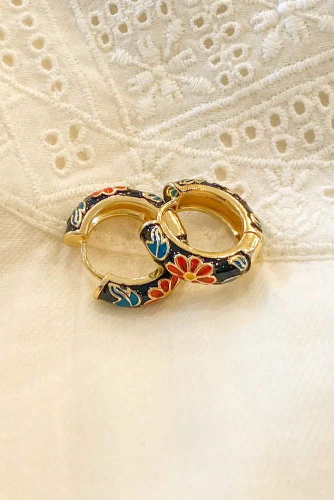 L.A. Black Floral Enamel Hoop Earrings