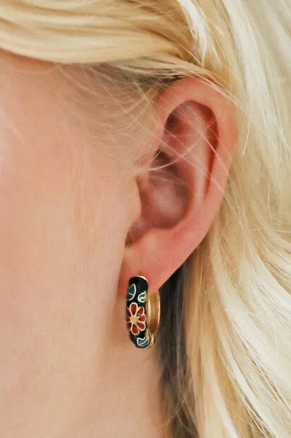 L.A. Black Floral Enamel Hoop Earrings