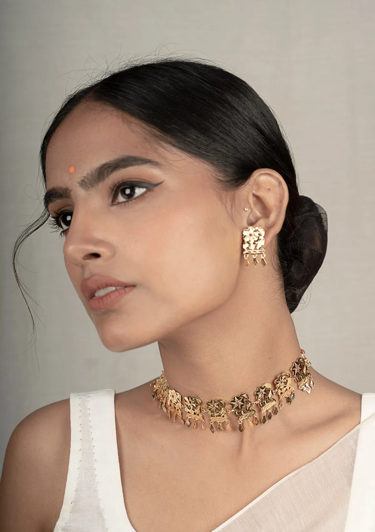 Reshma Gold Tone Silver Necklace & Earrings Set