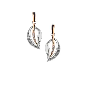 Silver and 10k Rose Gold and Sapphire Leaf Drop Stud Earrings - Oxidized Silver or Darkened Silver