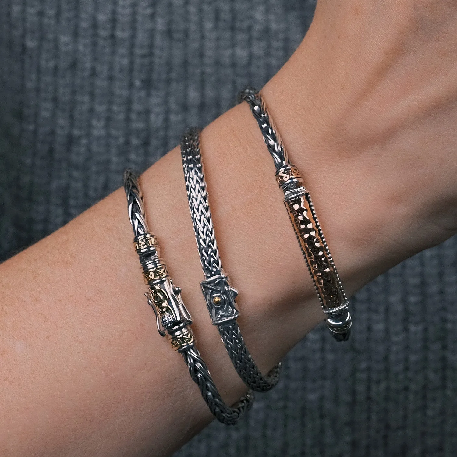 Silver and 10k Yellow or Rose Gold Wheat Link Hinged Bracelet