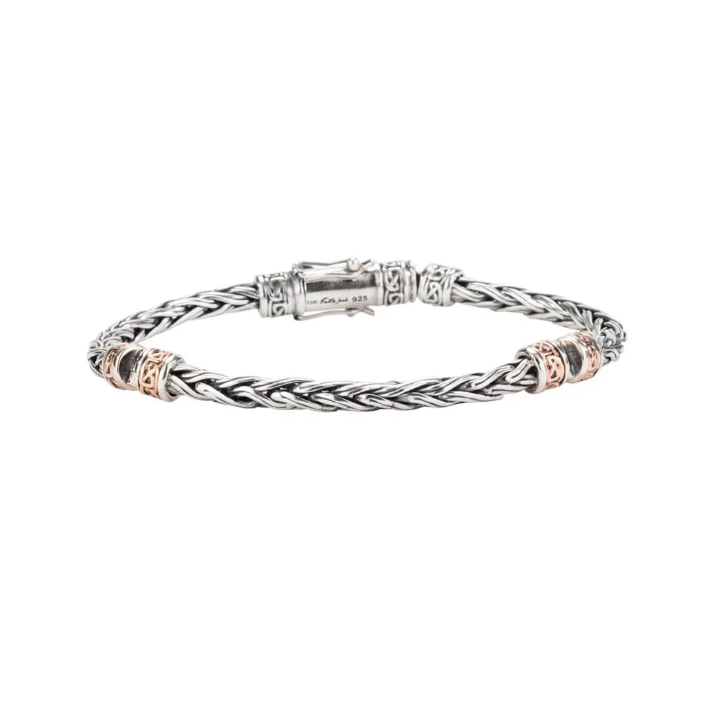 Silver and 10k Yellow or Rose Gold Wheat Link Hinged Bracelet