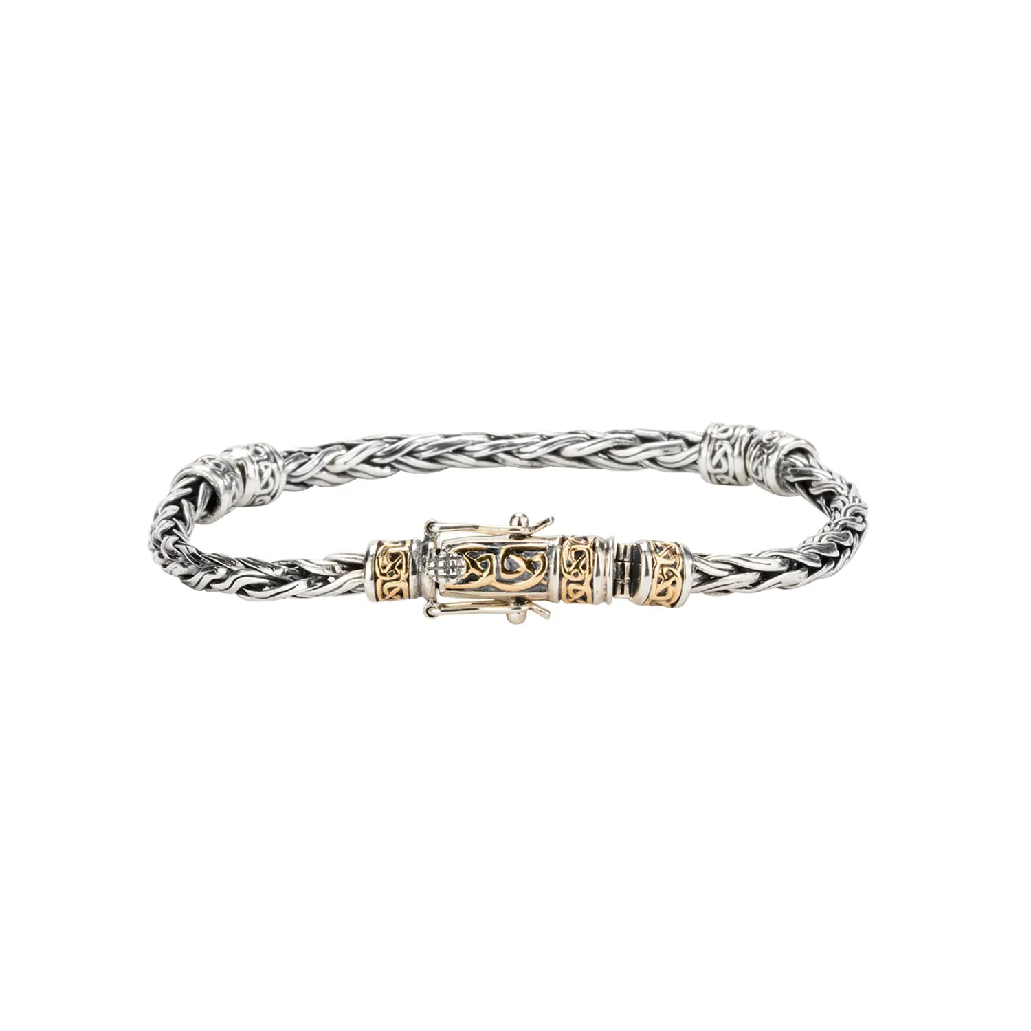 Silver and 10k Yellow or Rose Gold Wheat Link Hinged Bracelet