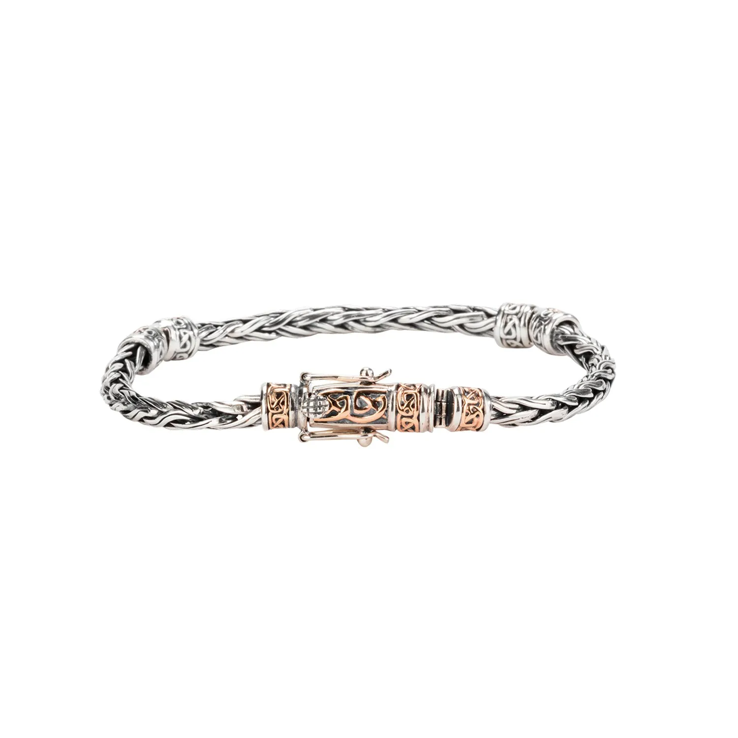 Silver and 10k Yellow or Rose Gold Wheat Link Hinged Bracelet