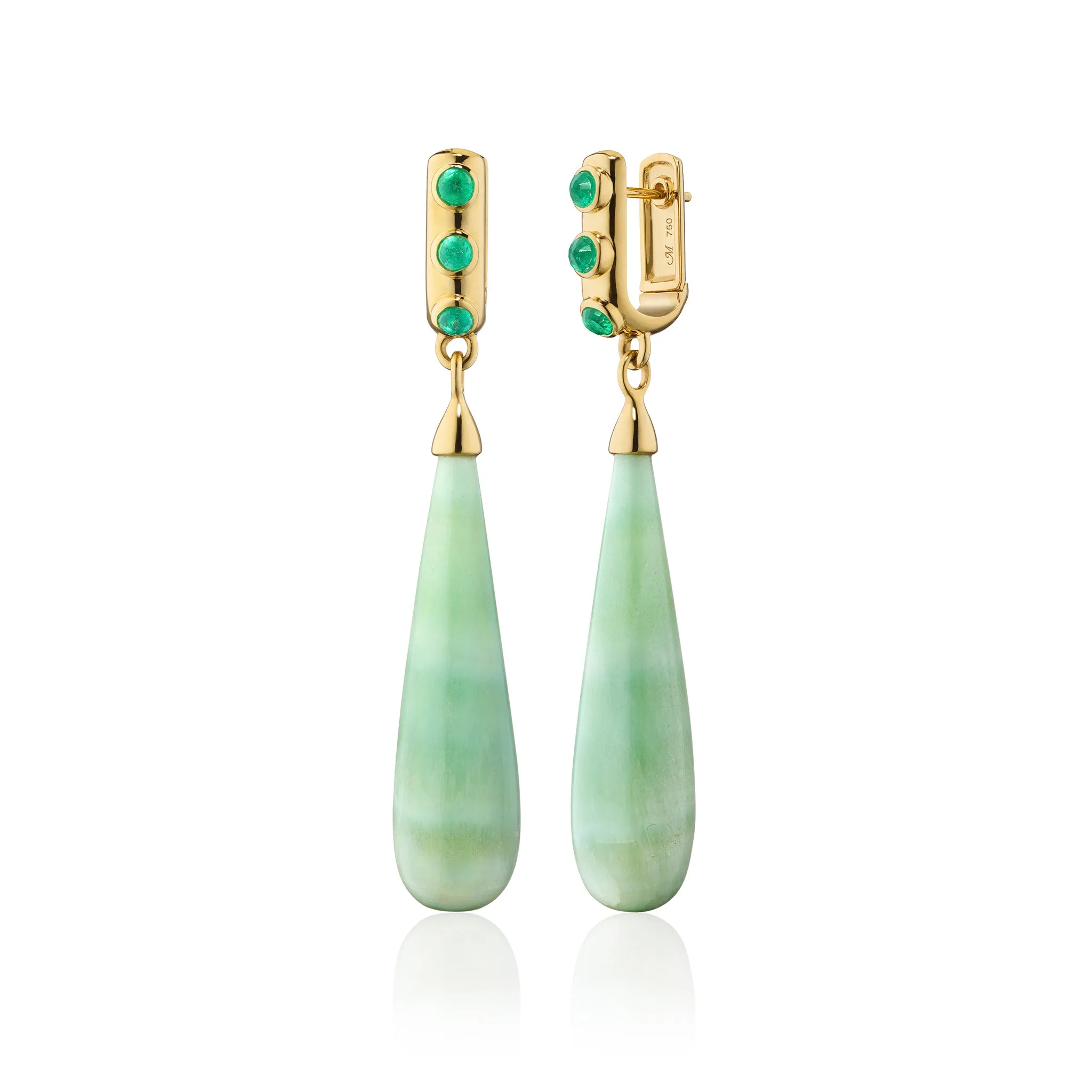 Special Edition "Rings of Nebula" Aragonite Drop Earrings with Faceted Emerald Cabochons