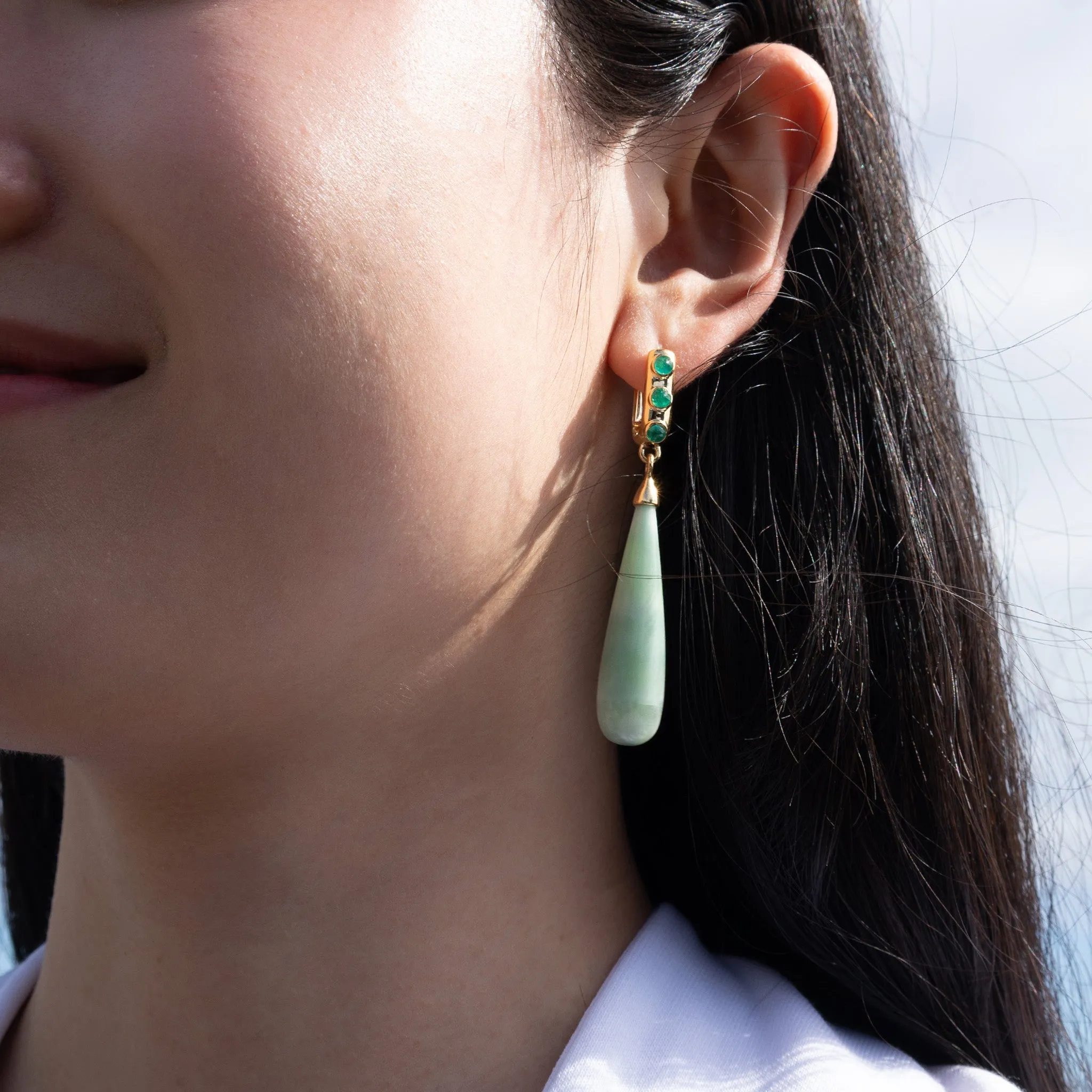 Special Edition "Rings of Nebula" Aragonite Drop Earrings with Faceted Emerald Cabochons