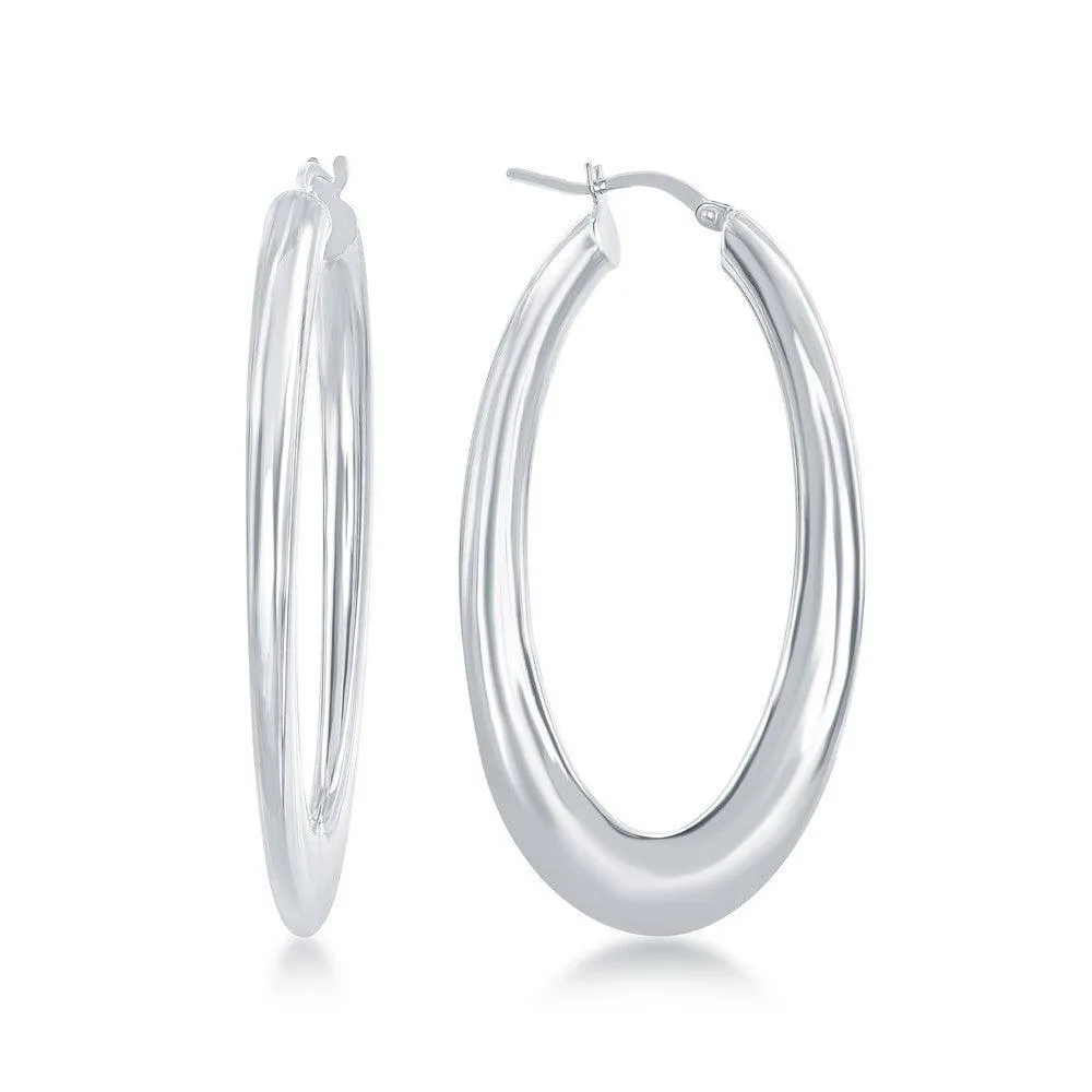 Sterling Silver Rhodium Plated Bottom Flat Oval Hoop Earrings