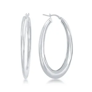 Sterling Silver Rhodium Plated Bottom Flat Oval Hoop Earrings