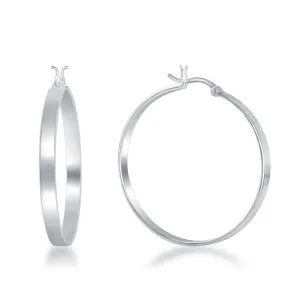 Sterling Silver Rhodium Plated Flat Hoop Earrings, 4 x 35 mm