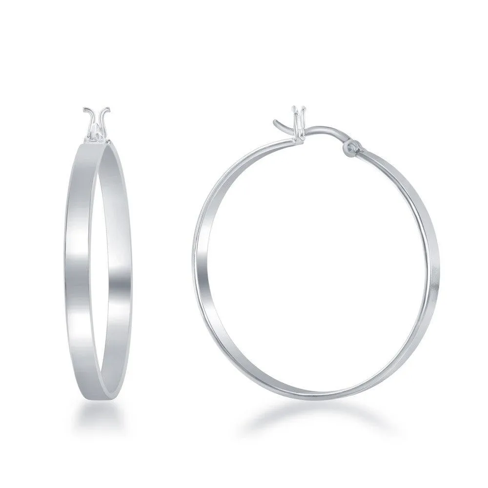 Sterling Silver Rhodium Plated Flat Hoop Earrings, 4 x 35 mm