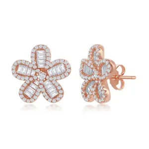 Sterling Silver Rose GP Baguette CZ Flower Stud Earrings