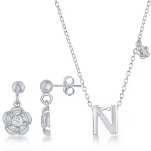 Sterling Silver Shiny "N" Necklace and Earrings Set