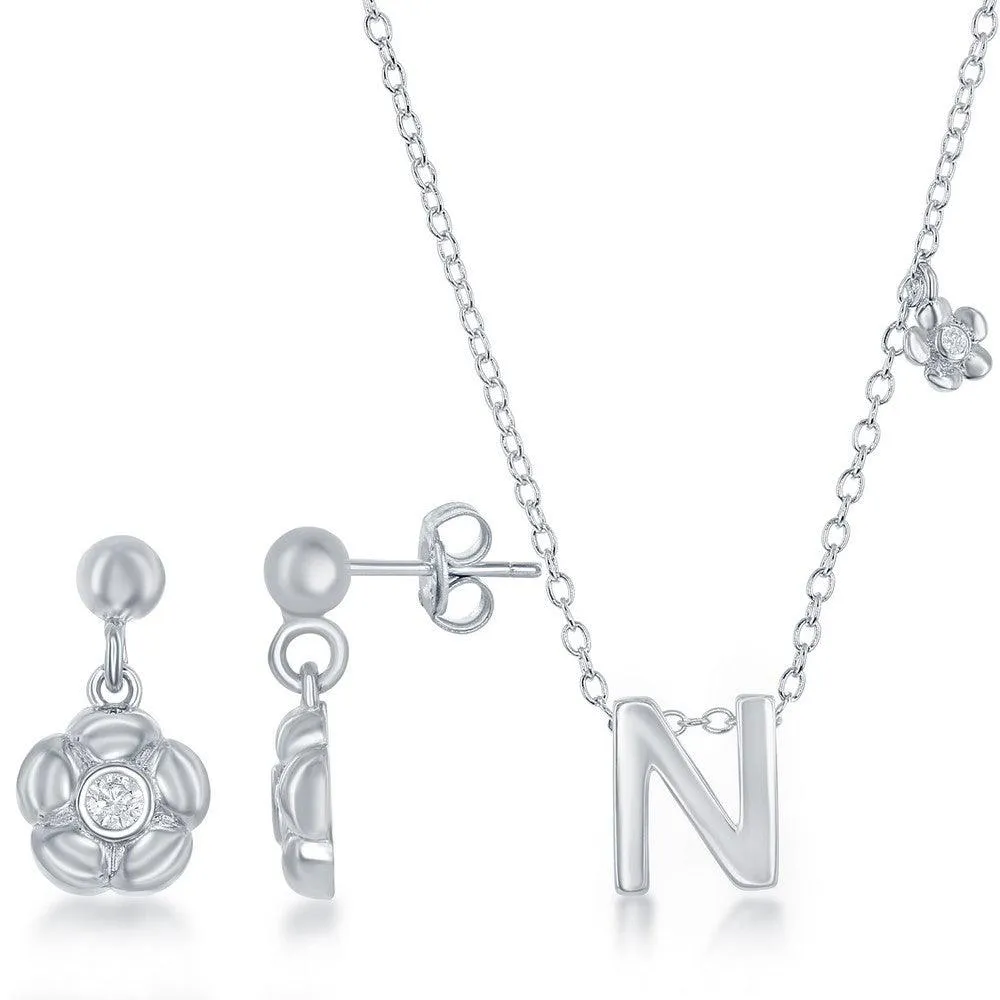 Sterling Silver Shiny "N" Necklace and Earrings Set